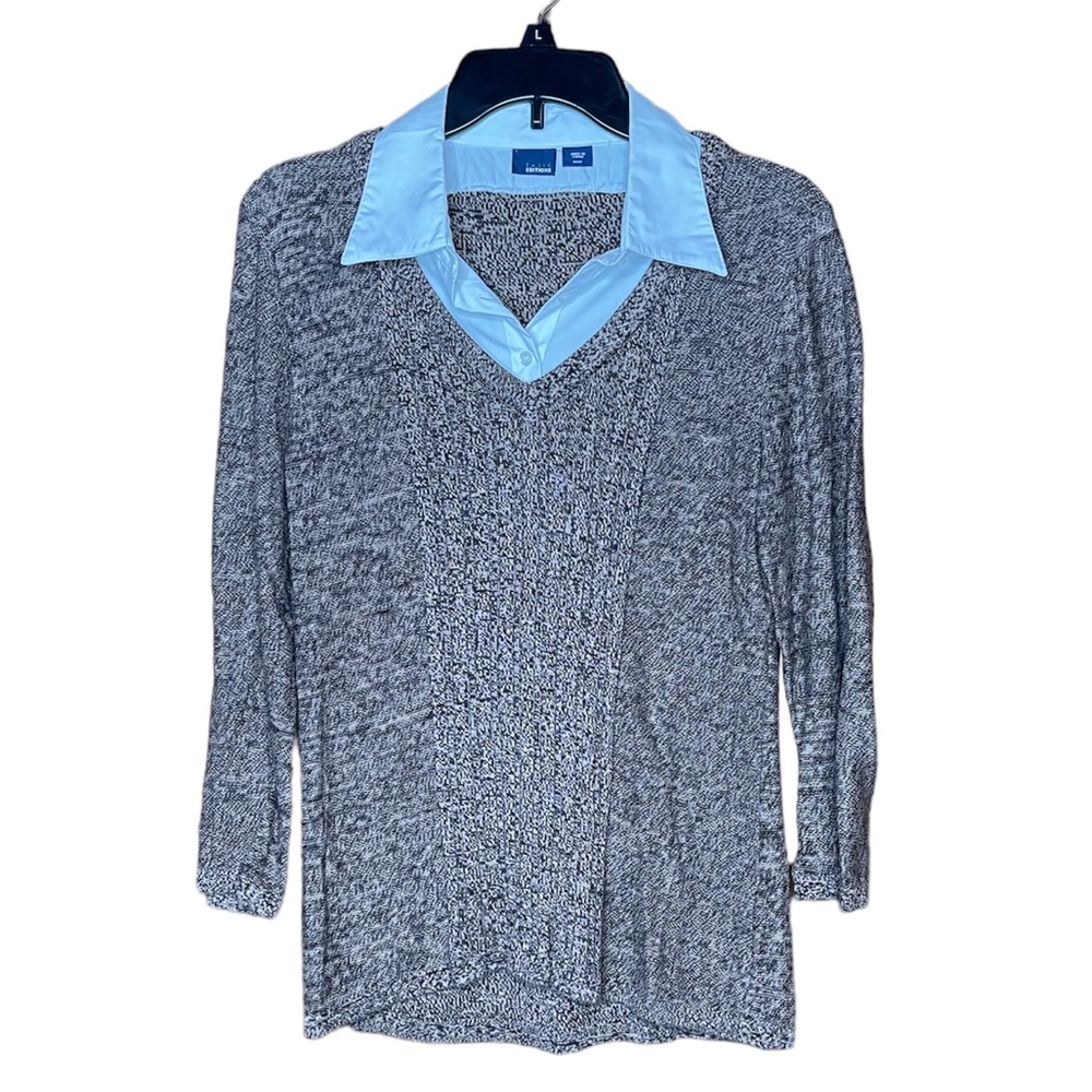 Basic Editions Layered Collared Brown White Long Sleeve V-Neck Sweater Shirt Med